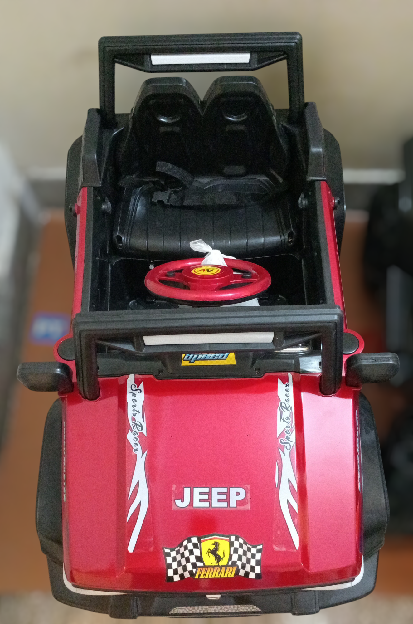 Jeep Medium Size, age 2 to 5 years, Rechargeable battery operated kids jeep, music mp3 LED lights, double motors big battery. Color red and blue.